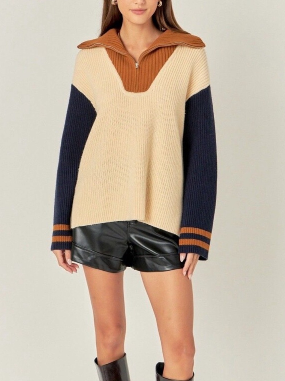 English Factory Colorblock Ribbed Quarter Zip Sweater
